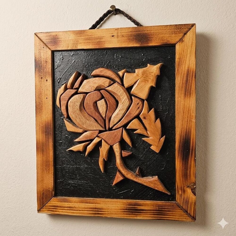 Vintage Intarsia Wood Rose Wall Art | Mid-Century Tropical & Tiki Decor